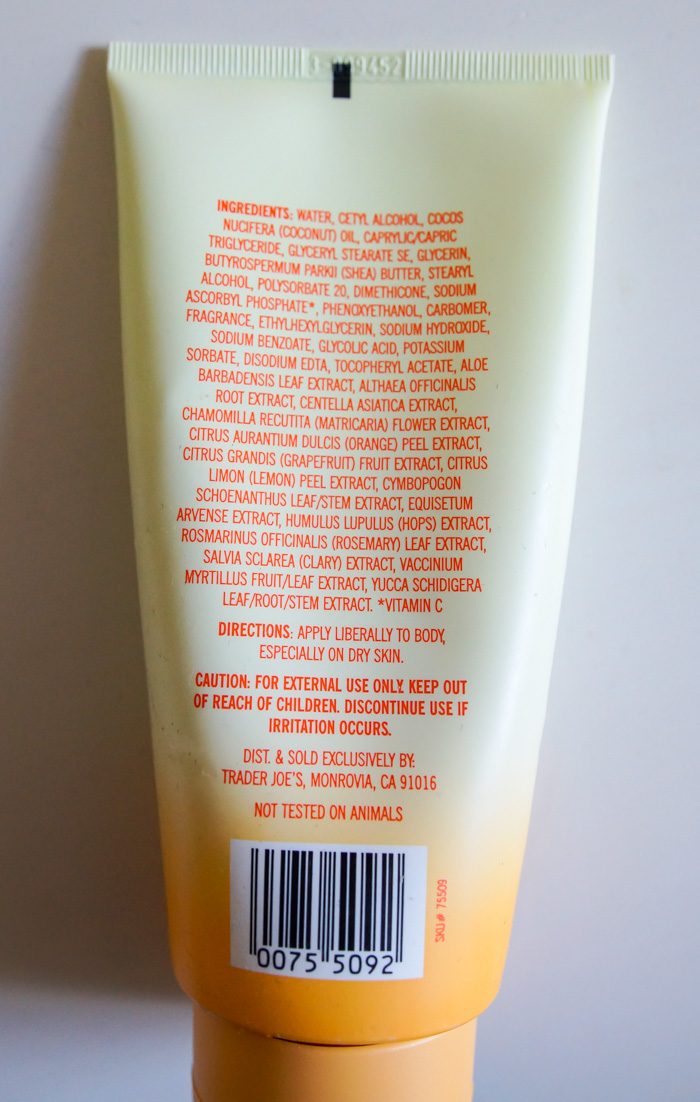 Trader Joe's Firming Body Butter ingredients, back of package