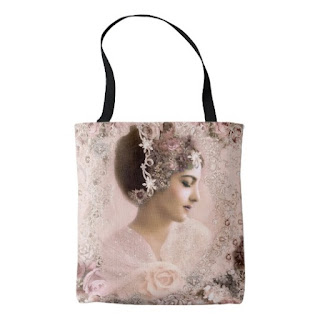 tote with victorian woman in pinks and rhinestone jewelry