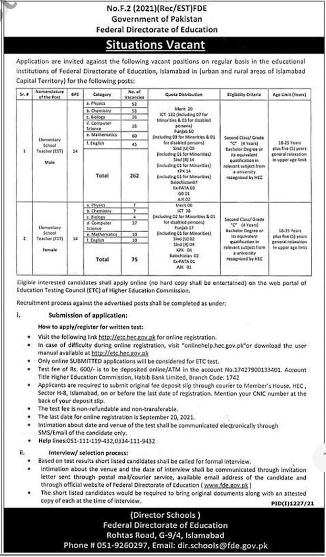 Federal directorate of education teaching jobs august