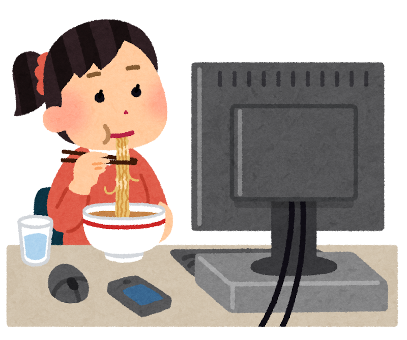 無料イラスト かわいいフリー素材集 パソコンの前でご飯を食べる人のイラスト 女性