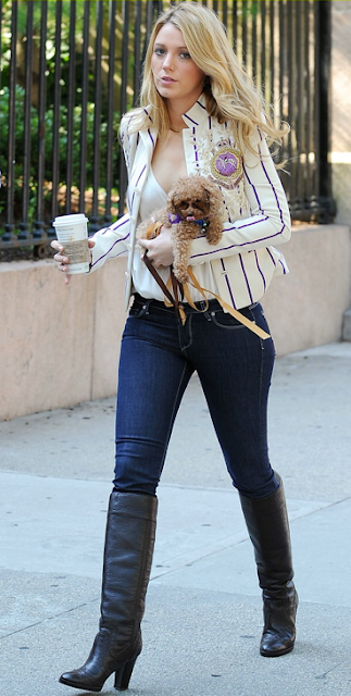 Blake Lively walking with her pup and cup of joe. ON THE SET OF GOSSIP GIRL