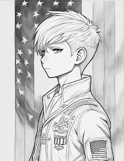 Background of US flag and a boy