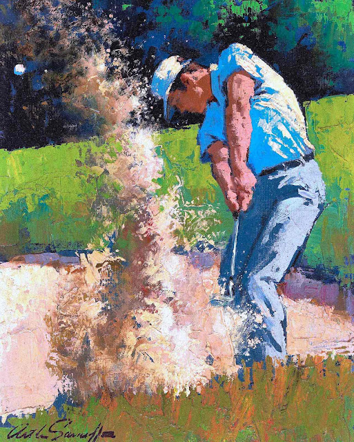 an Arthur Sarnoff illustration about golf, show a swing from a sand trap