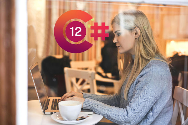 A girl learn C# 12 in a cafe