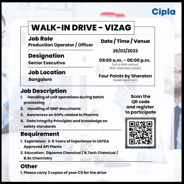 Cipla Limited | Walk-in interview at Vizag for Production on 26th February 2023