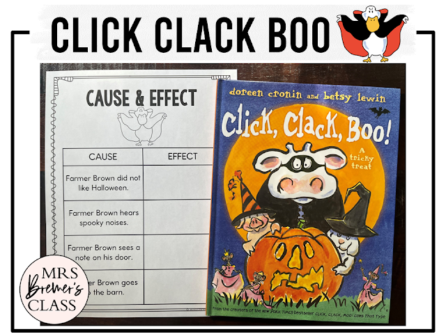 Click Clack Boo book activities unit with printables, literacy companion activities, and reading worksheets for Halloween in Kindergarten and First Grade