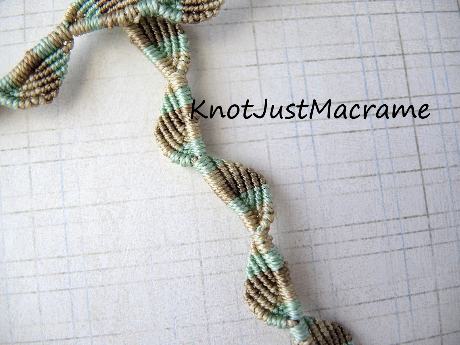 Micro macrame knot work in mint and khaki.