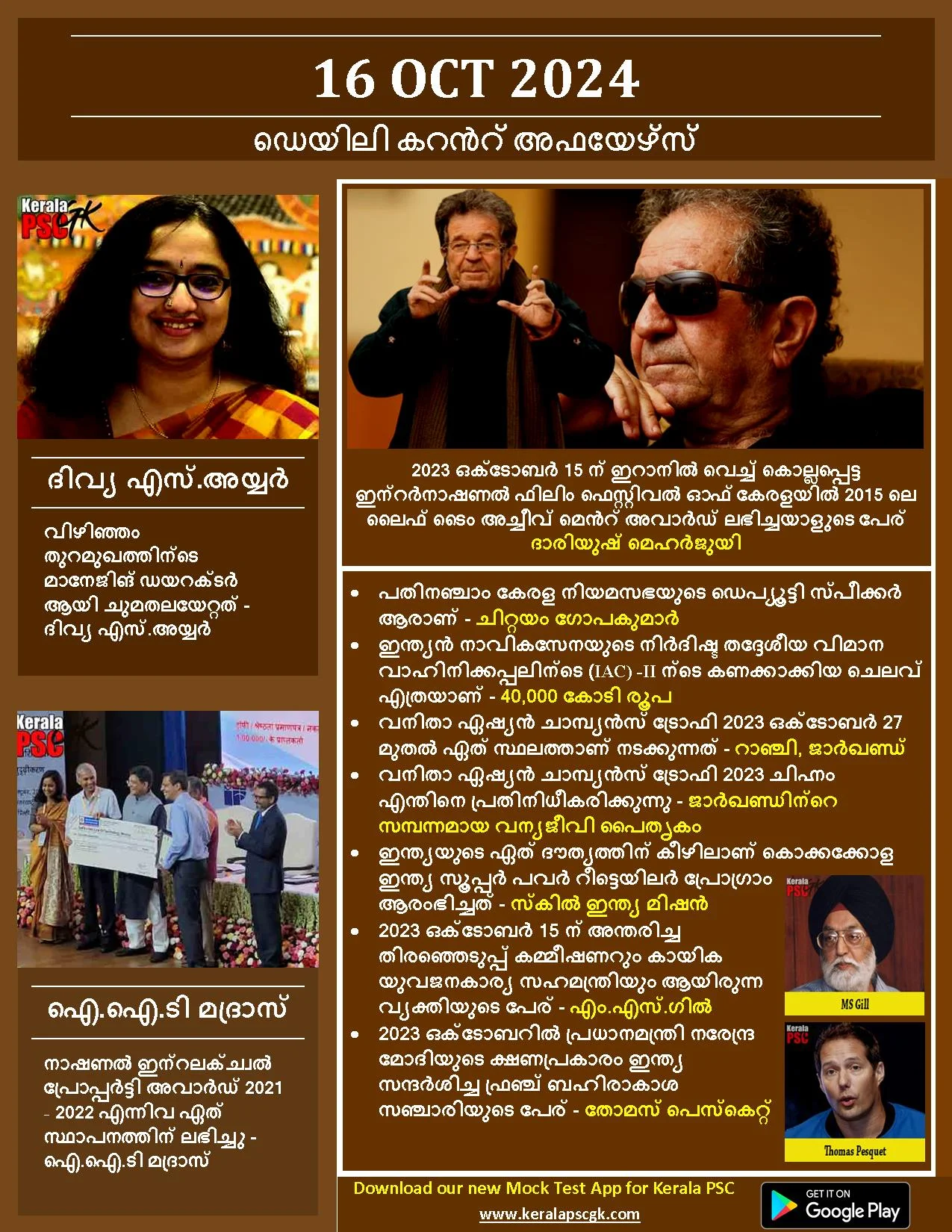 Daily Current Affairs in Malayalam 16 Oct 2023
