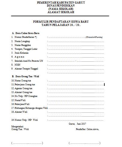 Contoh Formulir Pendaftaran Siswa Baru yang Melanjutkan 