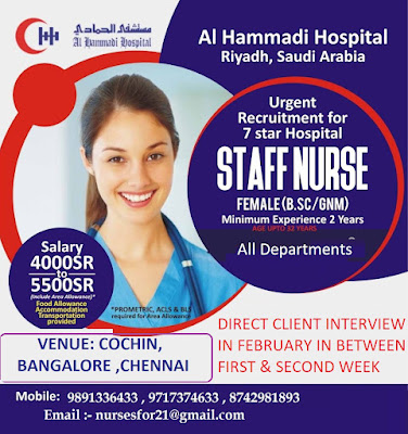 Urgently Required Nurses for Al Hammadi Hospital, Riyadh, Saudi Arabia