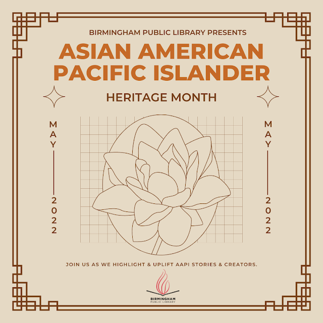 A line drawing of a flower against a light tan background promoting AAPI Month