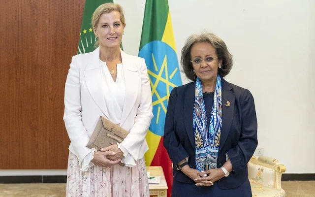 The Countess of Wessex wore a pleated silk midi skirt by Valentino. Penelope Chilvers espadrilles. President Sahle-Work Zewde