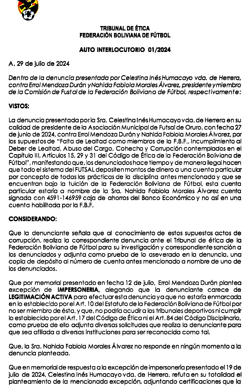 FUTSAL: DEBEN PRESENTAR POSICIONES EN CASO DE CORRUPCIÓN 