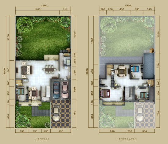 Denah rumah minimalis ukuran 15x30 meter 5 kamar tidur 2 