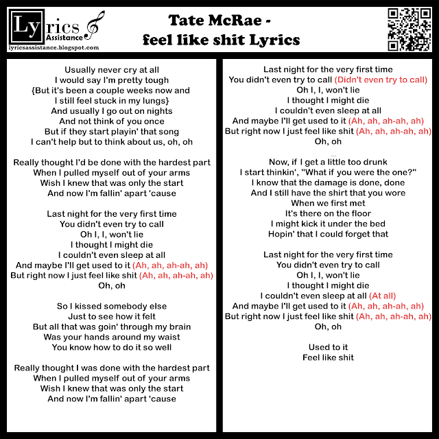 Tate McRae - feel like shit Lyrics | lyricsassistance.blogspot.com