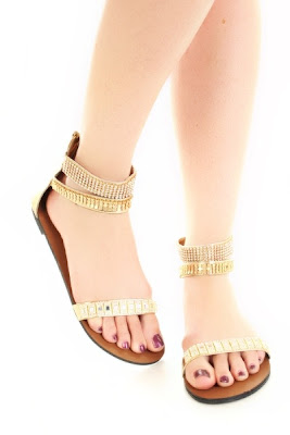 Gold Faux Leather Rhinestone Beaded Open Toe Sandals 