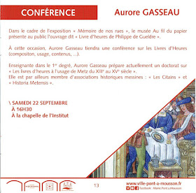 PONT-A-MOUSSON (54) - Conférence "Le Livre d'Heures de Philippe de Gueldre" (22 sept 2018)