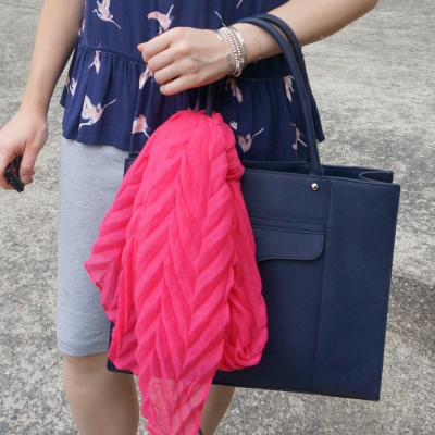 Fashion Scarf Girl plain crinkle scarf in hot pink on navy rebecca minkoff mab tote | away from the blue