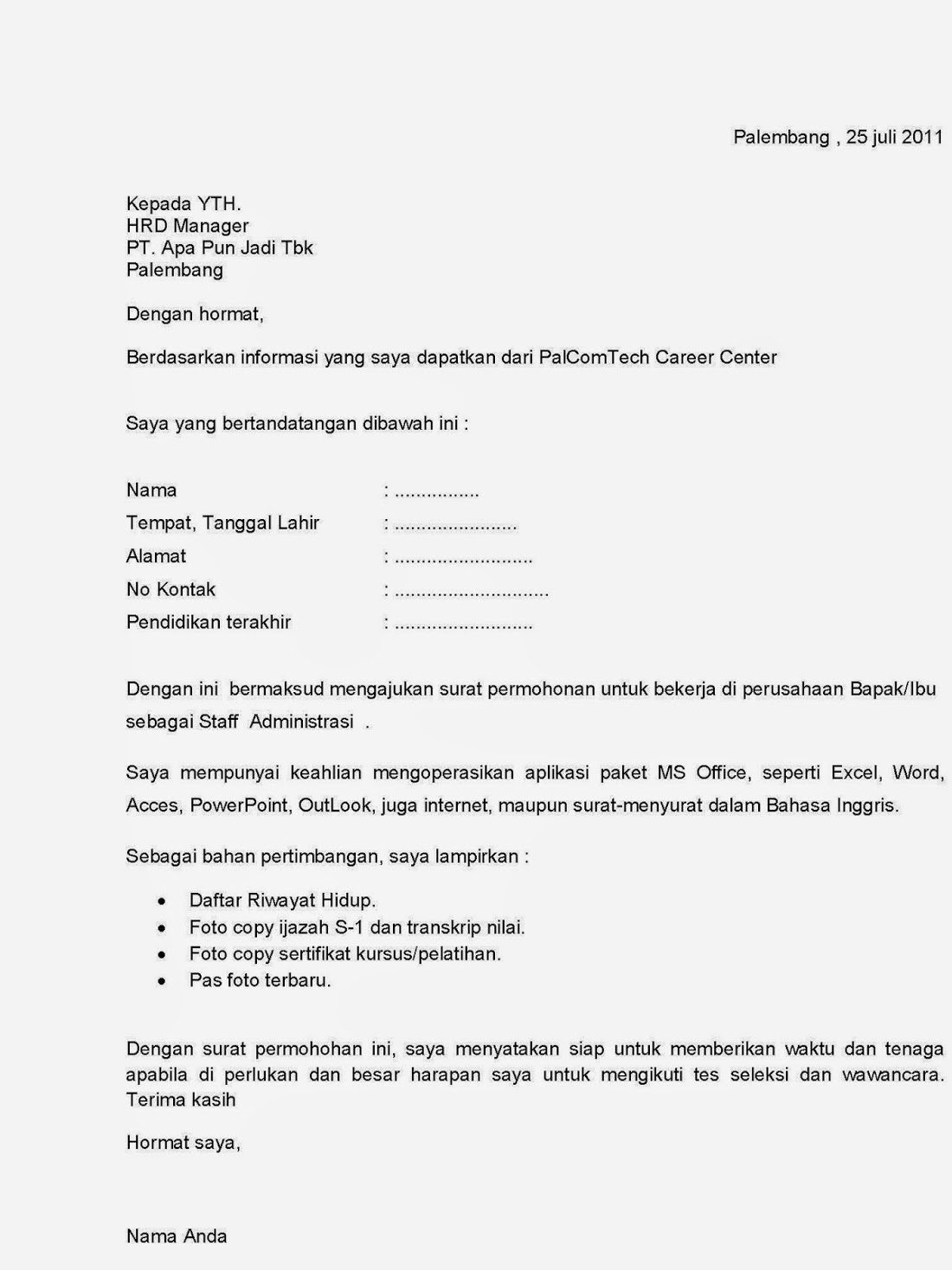 Contoh Surat Lamaran Kerja Yang Baik dan Benar - Kumpulan 