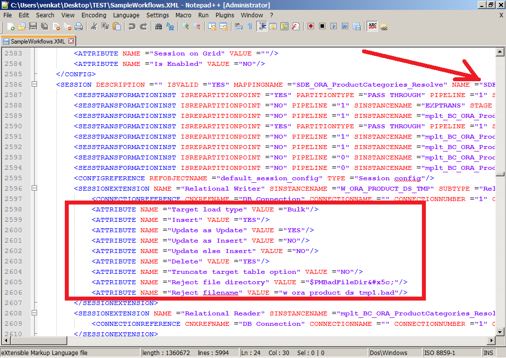 Informatica workflow xml edit with notepad++