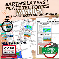 Earth's Layers Plate Tectonics Worksheets, Science Warm Ups, Earth Science NGSS Bellringers, Science Warm Ups, Science Homework, Science Ticket Out, Substitute Lessons