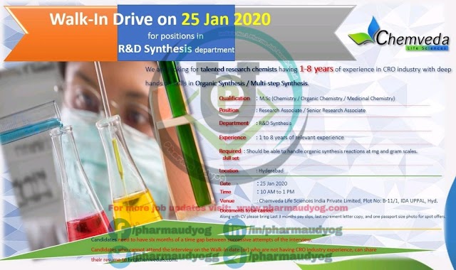 Chemveda Life sciences | Walk-in for R&D on 25 Jan 2020 | Pharma Jobs in Hyderabad