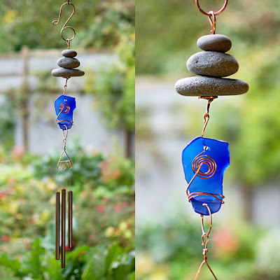 Beach stone zen wind chime with blue glass