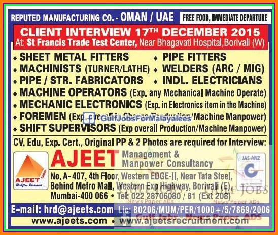 Reputed Manufacturing co Jobs for Oman / UAE