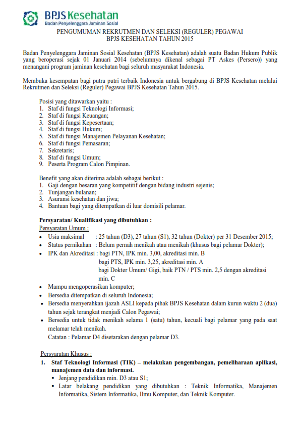 Rekrutmen BPJS KESEHATAN Tahun 2015  LOWONGAN KERJA TERBARU