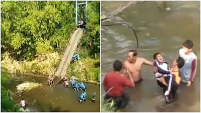 Mengerikan! Jembatan Gantung Purbolinggo Ambruk, Puluhan Siswa Berjatuhan