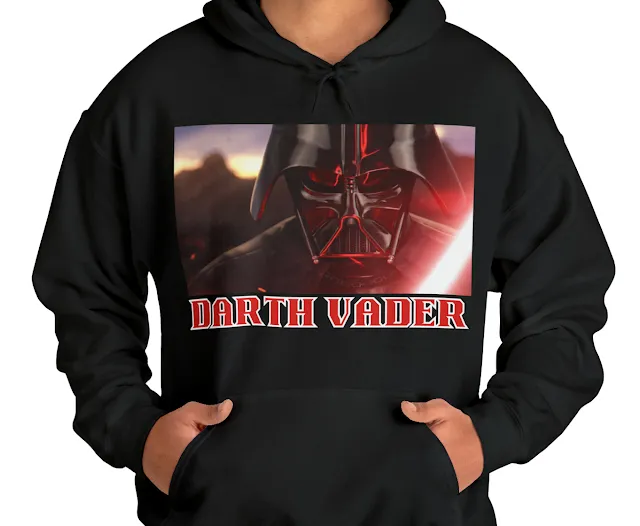 A Hoodie With Darth Vader Face Close Up Holding His Blade and Text Darth Vader