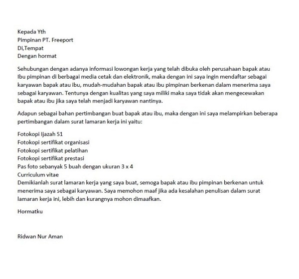 Contoh surat lamaran kerja di pertambangan