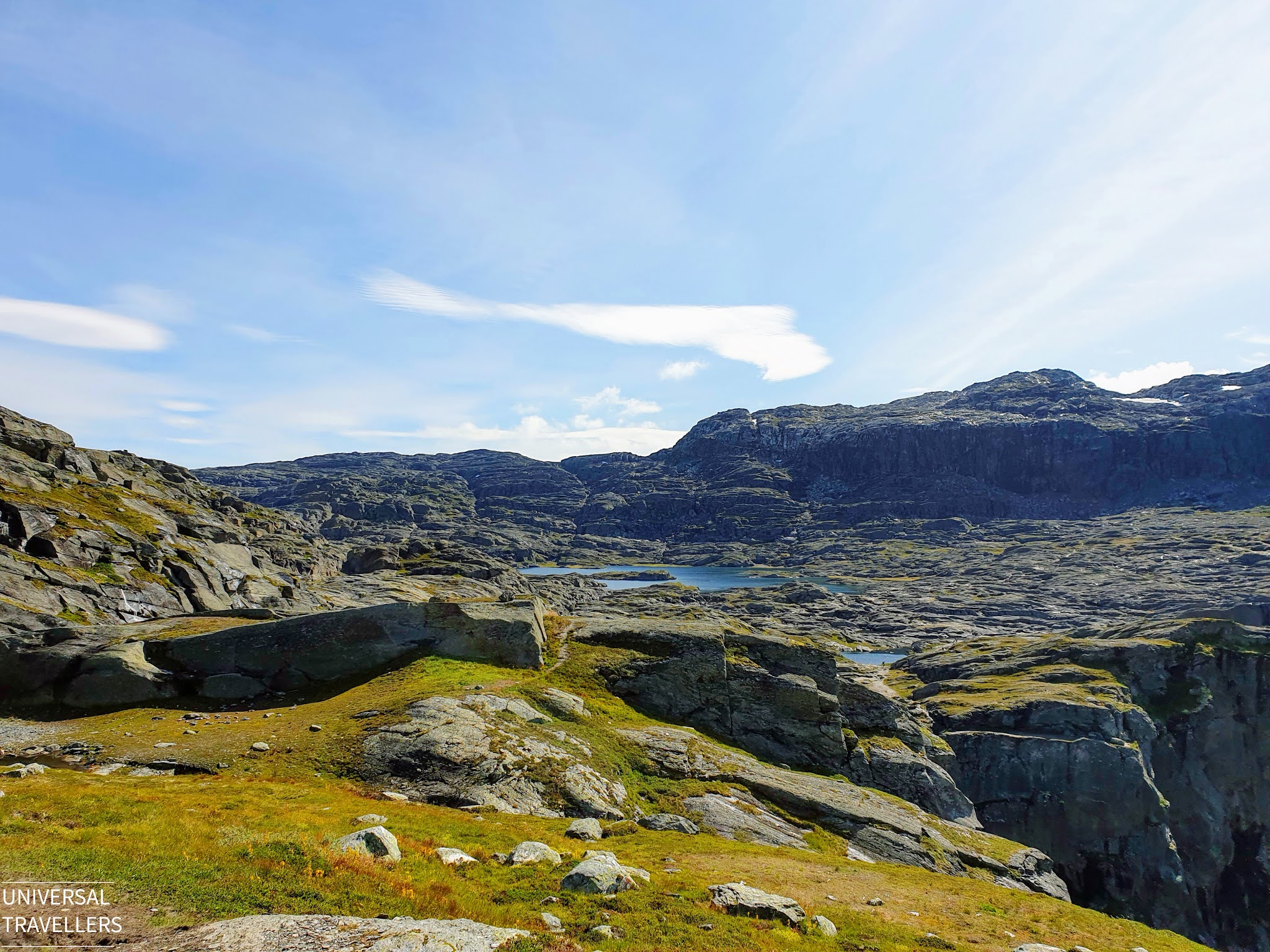 Clear view of a part of the Trolltunga track, on a summer day