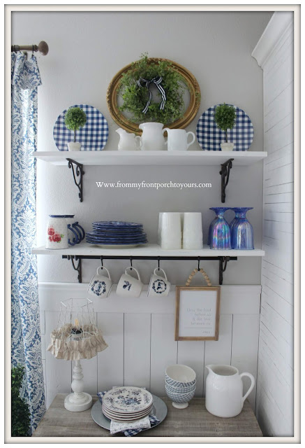 Breakfast- Nook -Makeover-DIY-Open-Shelving-Blue & White-Dinnerware-Pioneer Woman-Gingham-Wainscoting-From My Front Porch To Yours