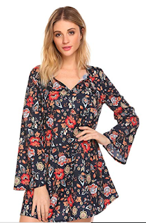 EASTHER Women's Bell Sleeve Floral Printed Loose Fit Casual Blouse Top Tunic Shirt