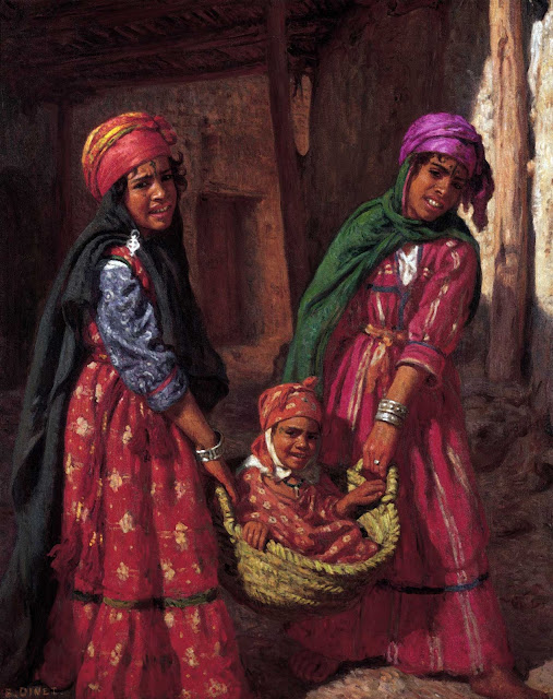 Jeunes filles de Boussaâda portant un bébé dans un couffin par Étienne Dinet
