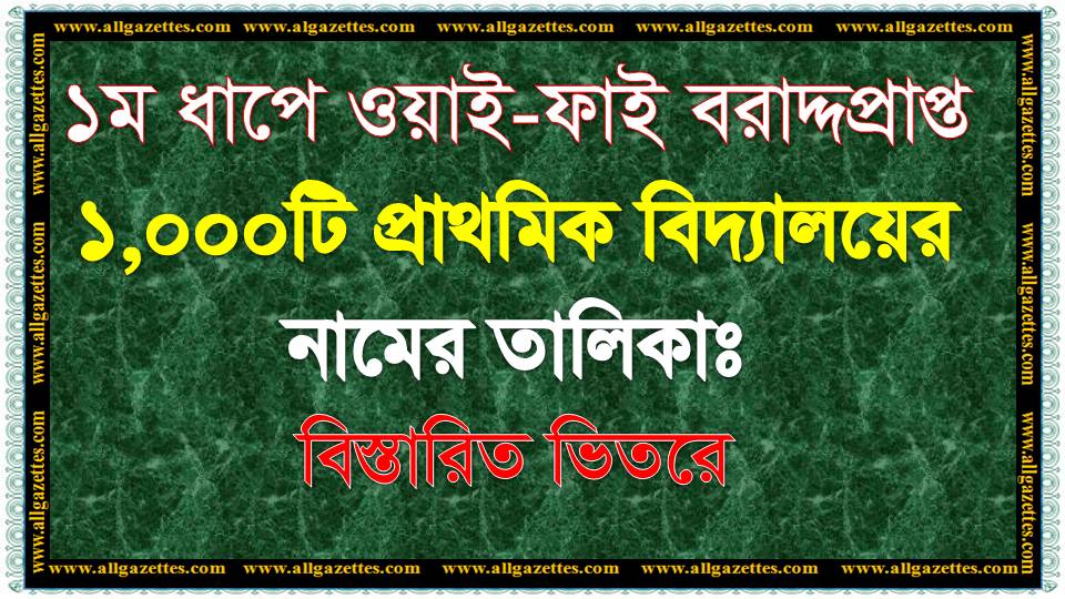 ১ম ধাপে ওয়াই-ফাই বরাদ্দপ্রাপ্ত ১,০০০টি সরকারি প্রাথমিক বিদ্যালয়ের নামের তালিকা।