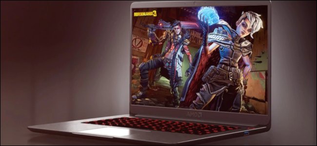 عرض كمبيوتر للكمبيوتر المحمول Ryzen 4000 باللون الأرجواني مع خلفية Borderlands 3.