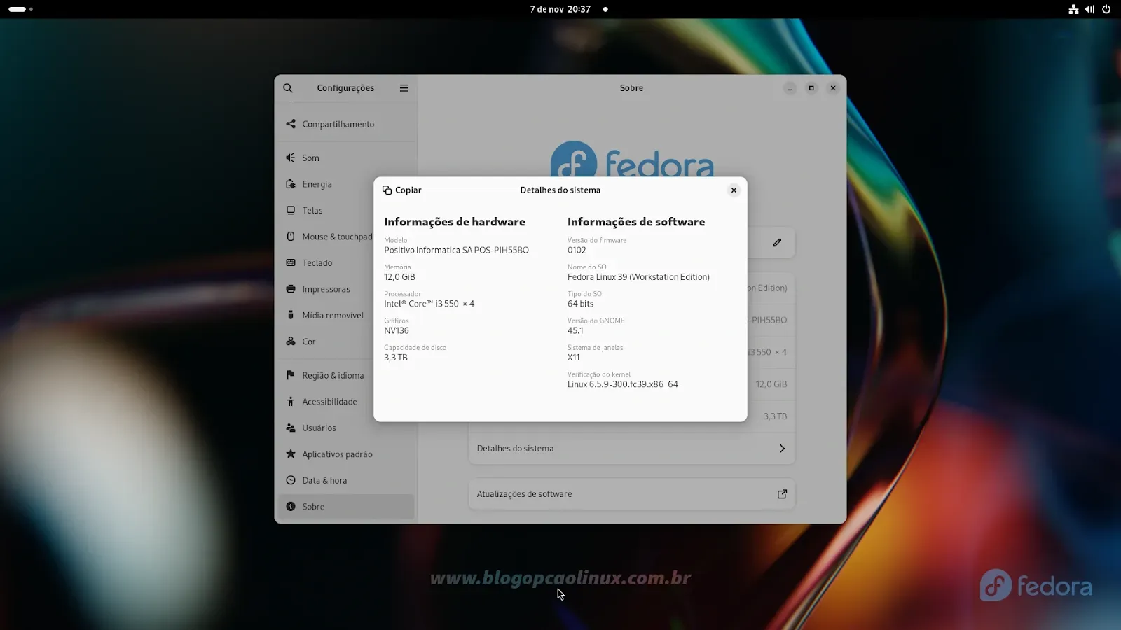 Área de trabalho do Fedora 39 Workstation após realizar o upgrade a partir da versão 38