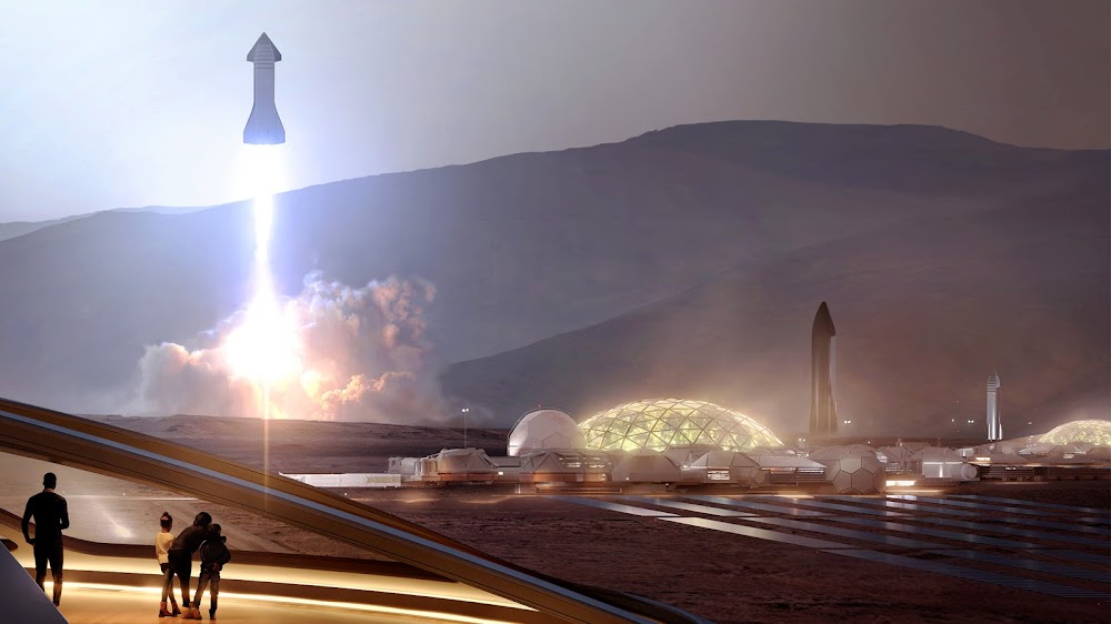 SpaceX Starship launching from Mars Base Alpha