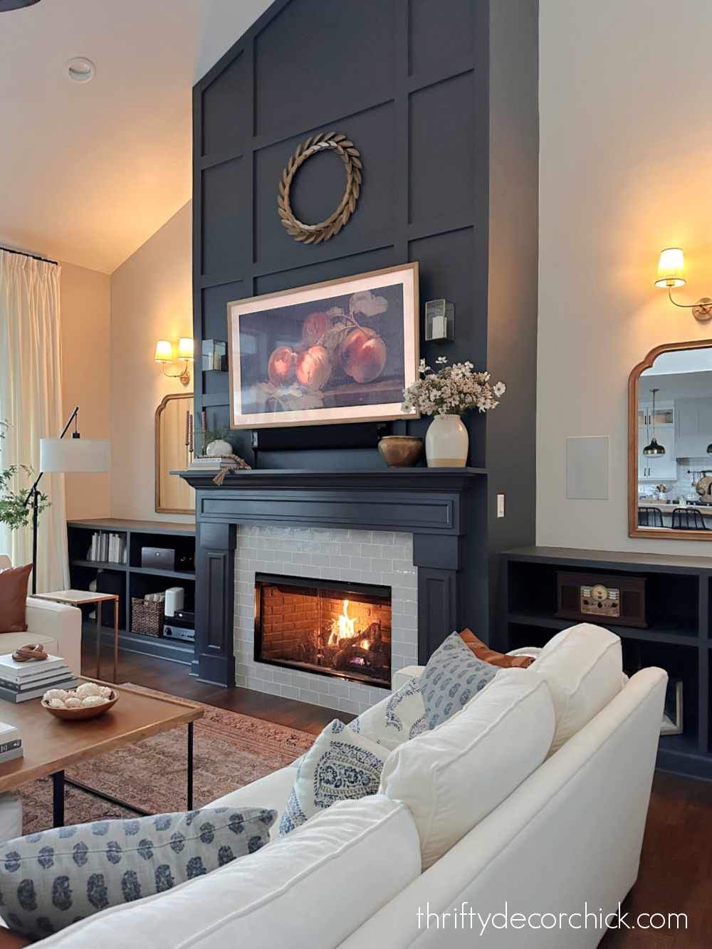 dark blue mantel and fireplace