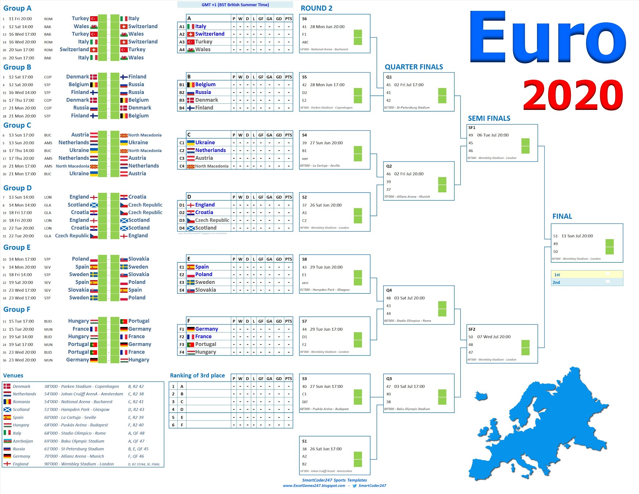 Smartcoder 247 - Euro 2020 Football Wallcharts and Excel ...