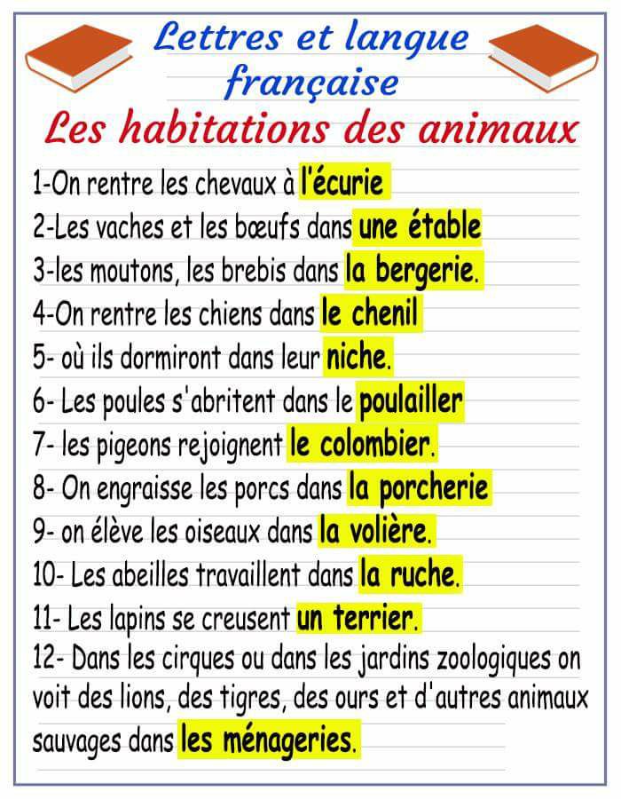 Les Noms Des Habitations Danimaux En Français