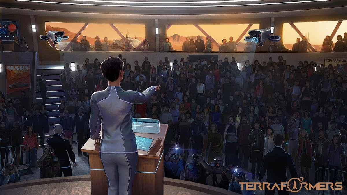 The leader of the colony addressing settlers on Mars (Terraformers game)