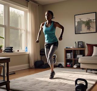 Beginner performing jumping jacks at home in a spacious living room.