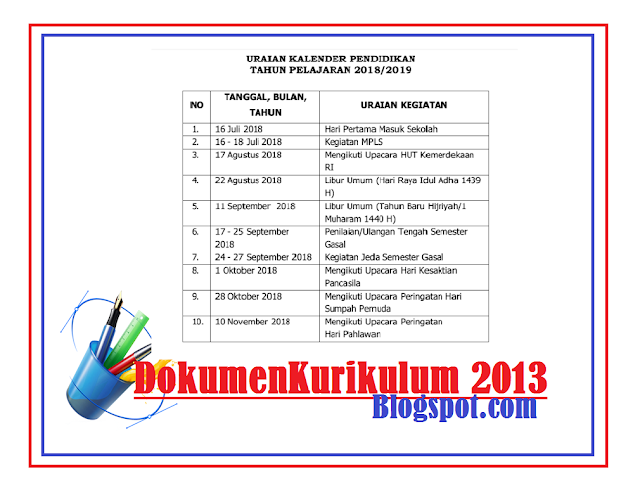 Kalender Pendidikan Tahun Pelajaran 2018/2019 Provinsi Jawa Tengah