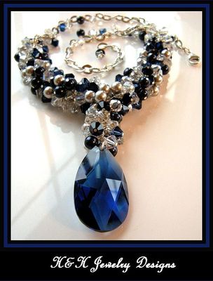 Navy Blue and Silver Swarovski Crystal Waterfall Necklace