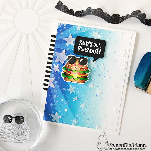 Summer Hamburger card by Samantha Mann | Buns Out Stamp Set, Speech Bubbles Die Set, Sunscape Stencil and Cascading Stars Stencil by Newton's Nook Designs #newtonsnook