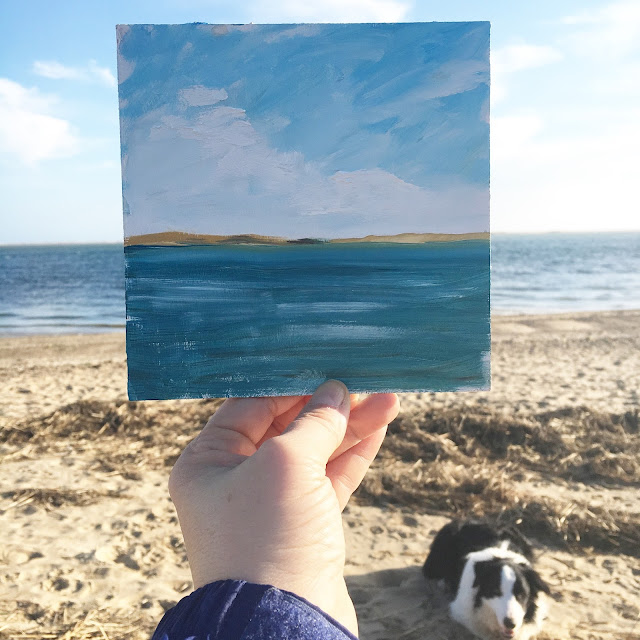 plein air painting at the beach, painting with dogs