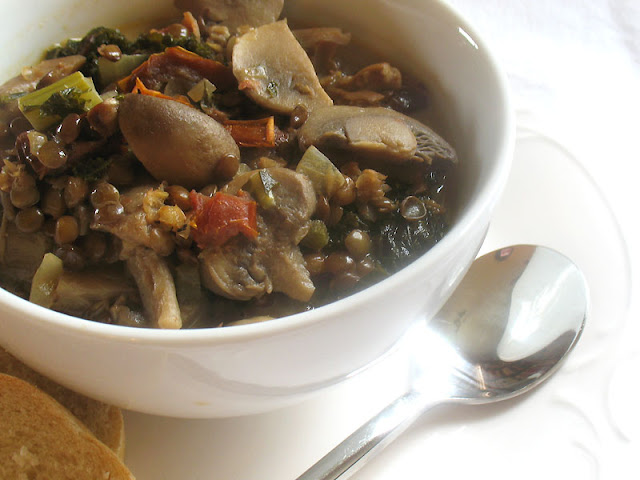 Mushroom Soup with French Lentils, Sun-Dried Tomatoes and Kale
